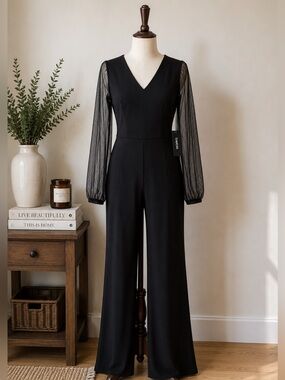 NWT BEBE Black Sheer Mesh Sleeve Wide Leg Jumpsuit Evening Party Size S